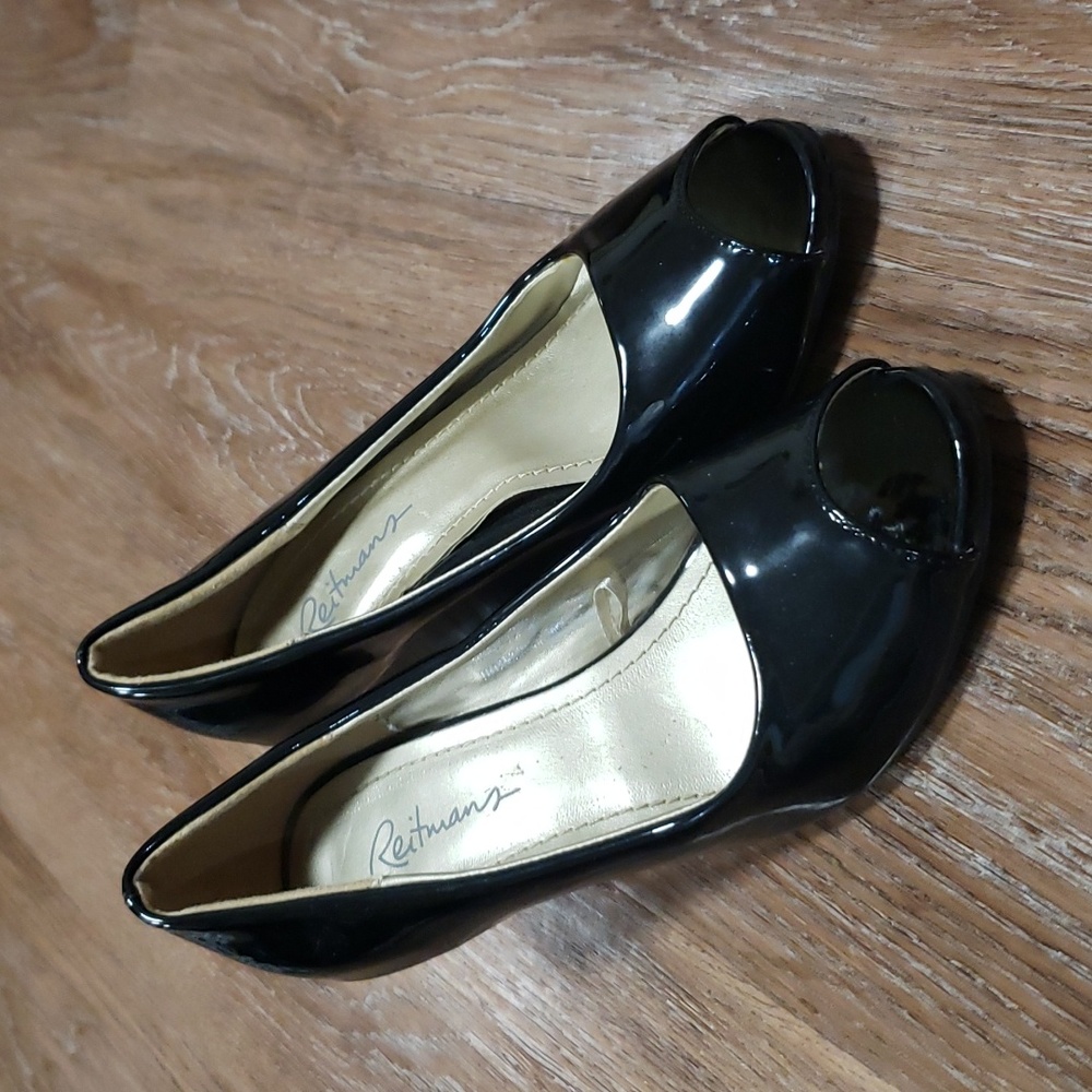 (7) Reitmans Peep Toe Wedge Heels Shiny Formal Office Occasion Neutral Classic